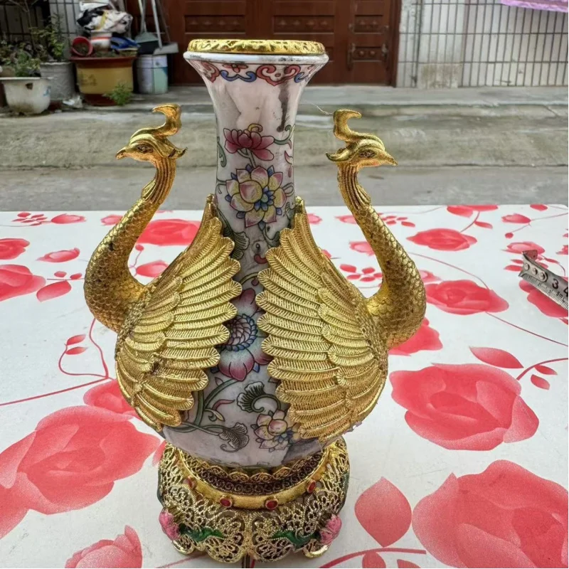 Objeto antiguo, pantalla de pavo real de porcelana de imitación antigua, pantalla de pavo real de doble cabeza, colección antigua de la dinastía Qing Qianl