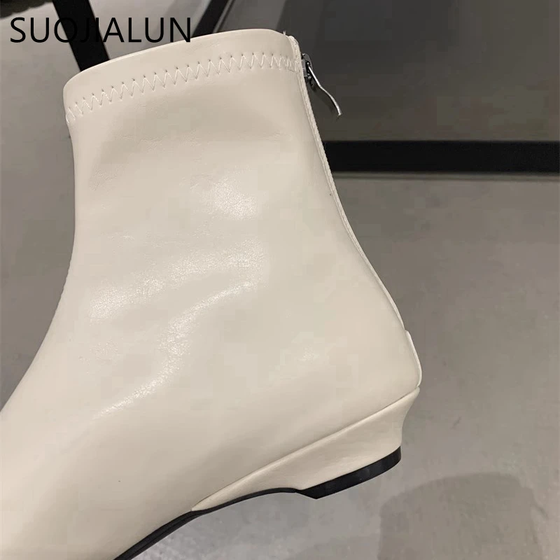 SUOJIALUN 2024 Winter New Brand Women Flat Boots Shoes Fashion Poined Toe Back Zip Ladies Elegant Short Boots Flat Heel Ankle Bo