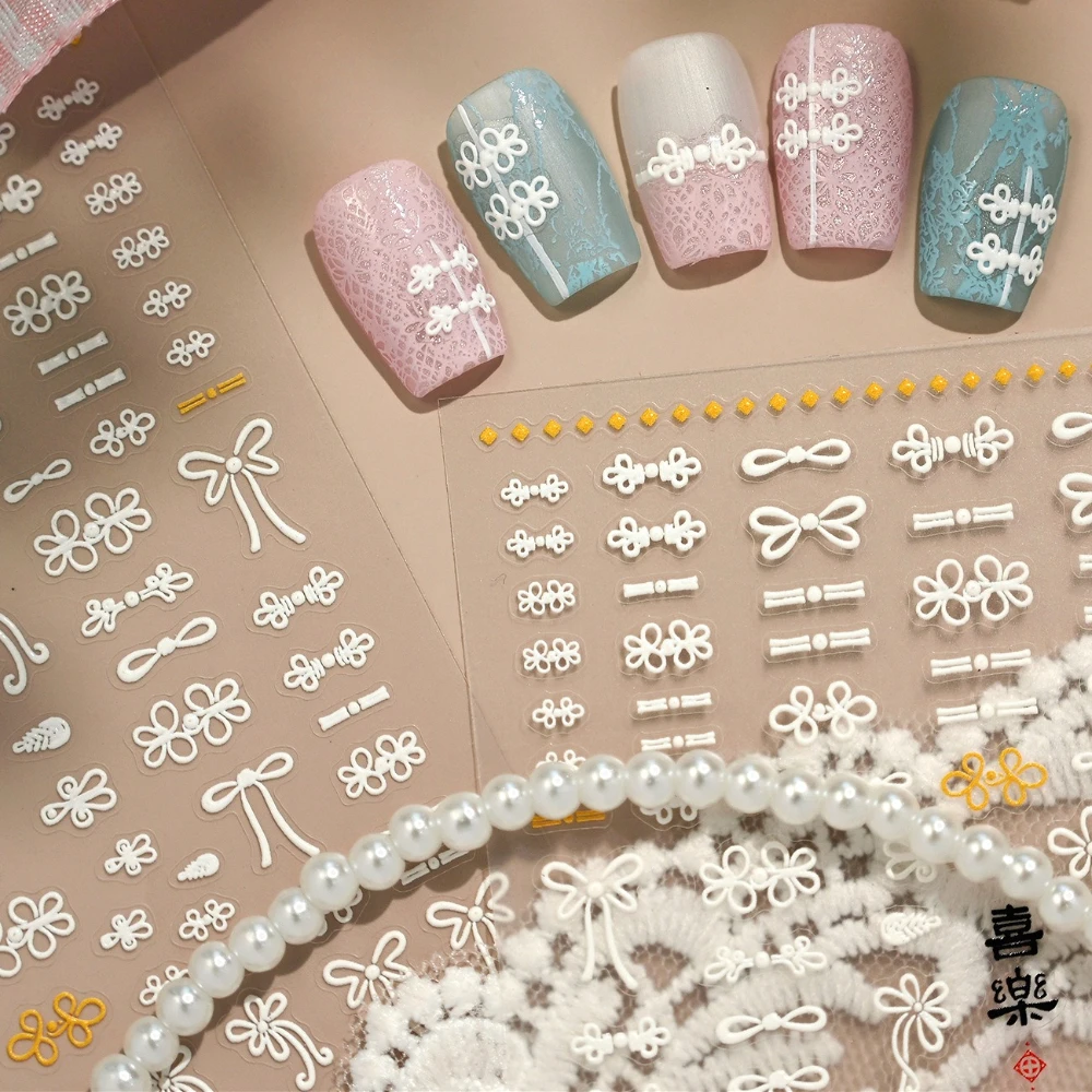 

White Retro Bowknot Flower Chinese Buckles 5D Embossed Self Adhesive Nail Art Stickers Traditional Manicure Decals Wholesale