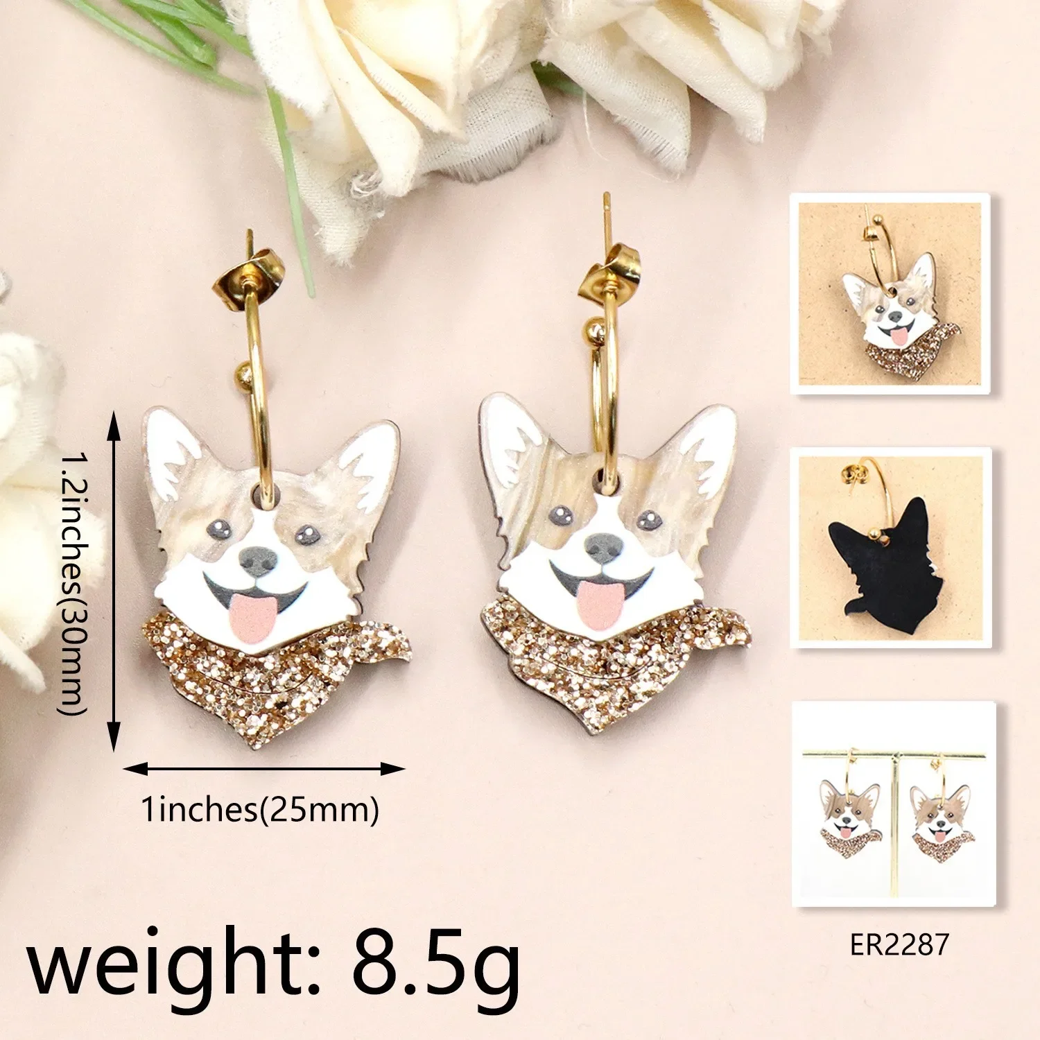 Hot sale of high-quality corgi dog Schnauzer Teddy Acrylic women's earrings Cute animal jewelry earrings