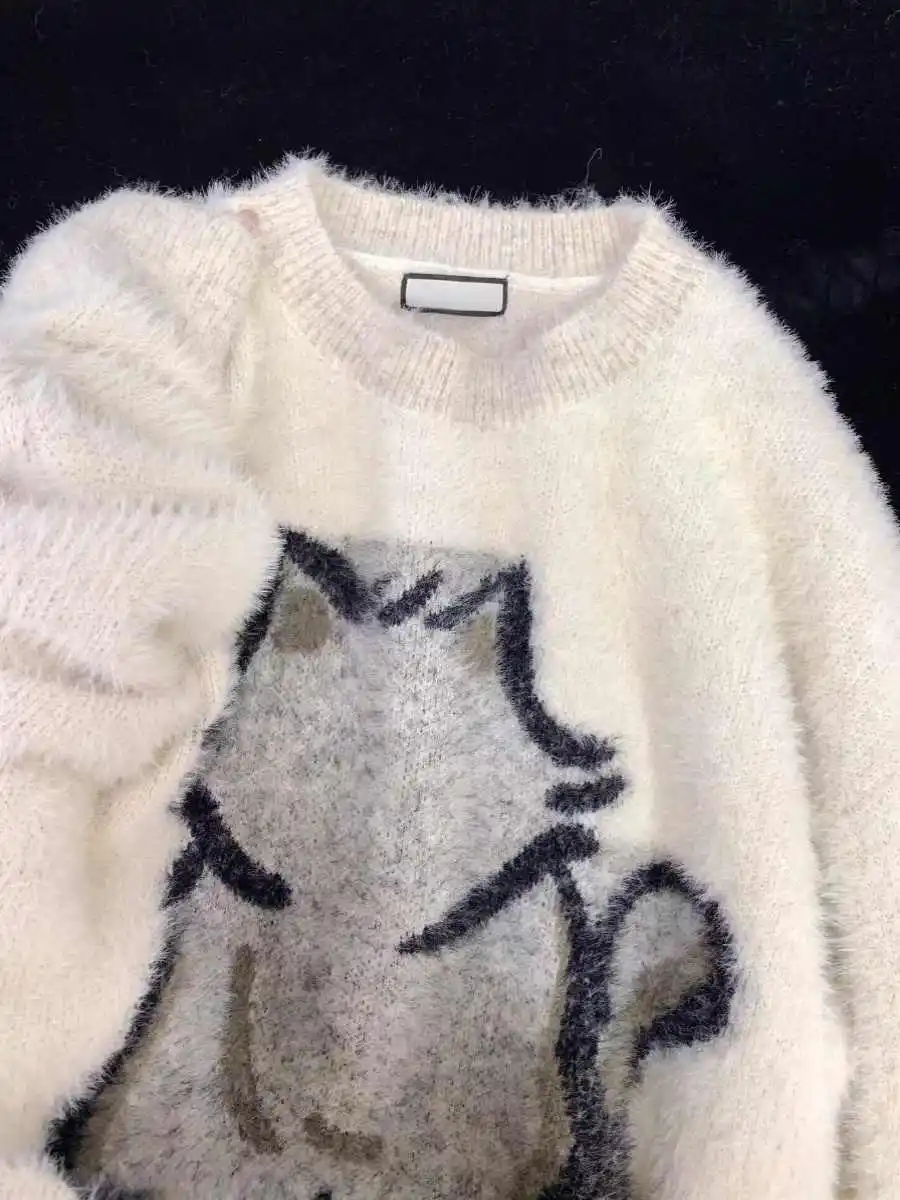 

Women's Off White Cat Pattern Knit Pullover Sweater Harajuku Vintage Loose Y2k O-Neck Long Sleeves Mohair Sweater 2000s Clothes