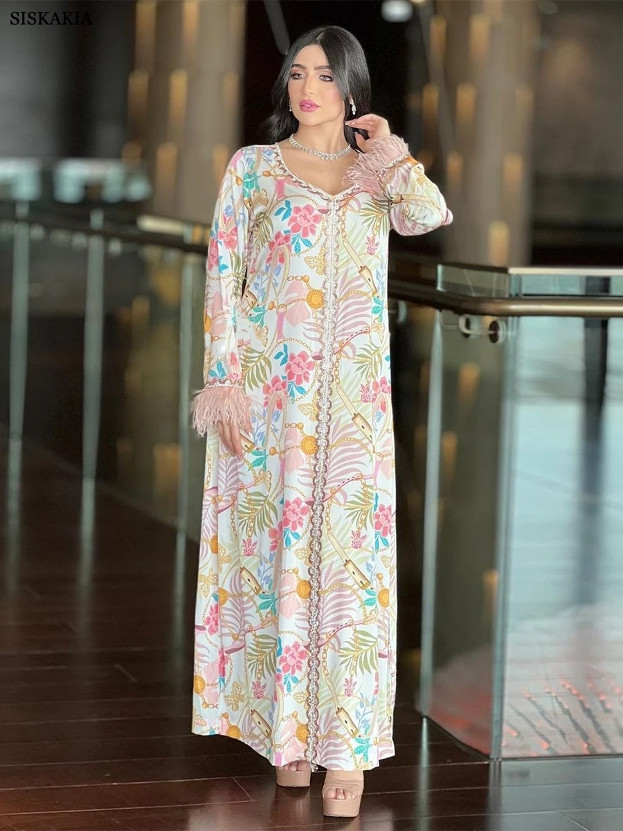 Siskakia Dubai V-Neck Feathers Long Sleeve Loose Dress Floral Print Diamonds Moroccan Turkish Islamic Arab Elegant Fashion Dress