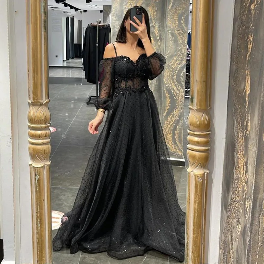 

Vinca Sunny Black Prom Dresses 2023 Polka Dot Spaghetti Strap A-Line Evening Gown for Wedding Arabic Celebrity Party Graduation