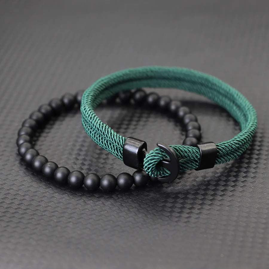 أنيق مرساة 2 قطعة/المجموعة سوار الرجال حجر العقيق الطبيعي مطرز طبقة مزدوجة 4 مللي متر الصف حبل براكليت سحر تصفح أوم مجوهرات