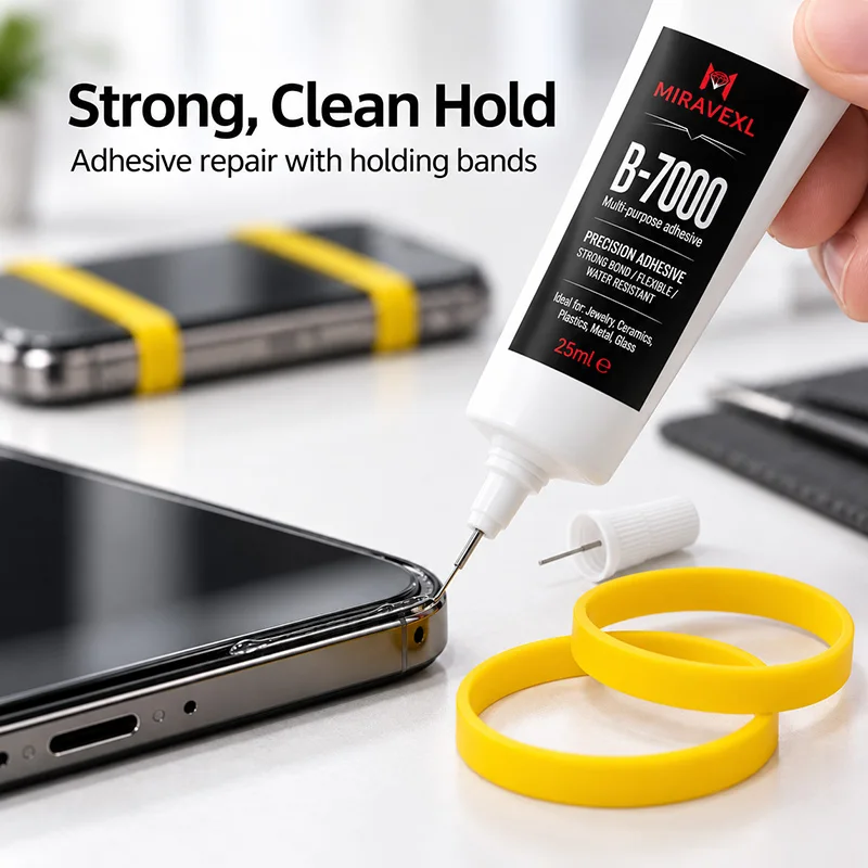 B-7000 Multi-Purpose Glue 15ml/25ml, Anti-Clogging Needle Tip, Strong Flexible Waterproof for Phone Glass Metal + Fixing Bands