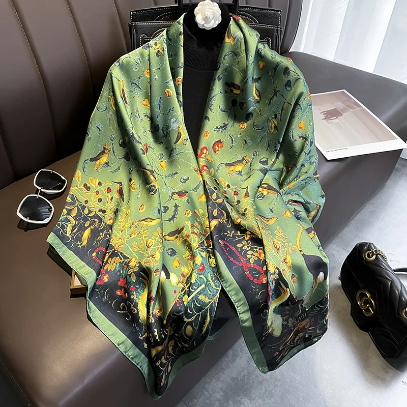

1 pcs 90X180 retro Chinese-style green animal, crane and flower long scarf, paired with an air-conditioned shawl for women