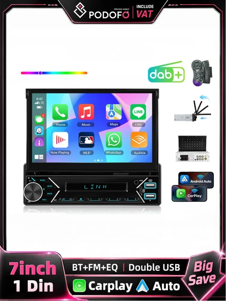 Podofo 1Din Radio Samochodowe 7" z Automatycznym Wysuwaniem Ekranu Dotykowego, Multimedialne Autoradio z Wbudowanym Bezprzewodowym Carplay, Android Auto, Radia DAB, Sterowaniem z Kierownicy i Funkcją — 2