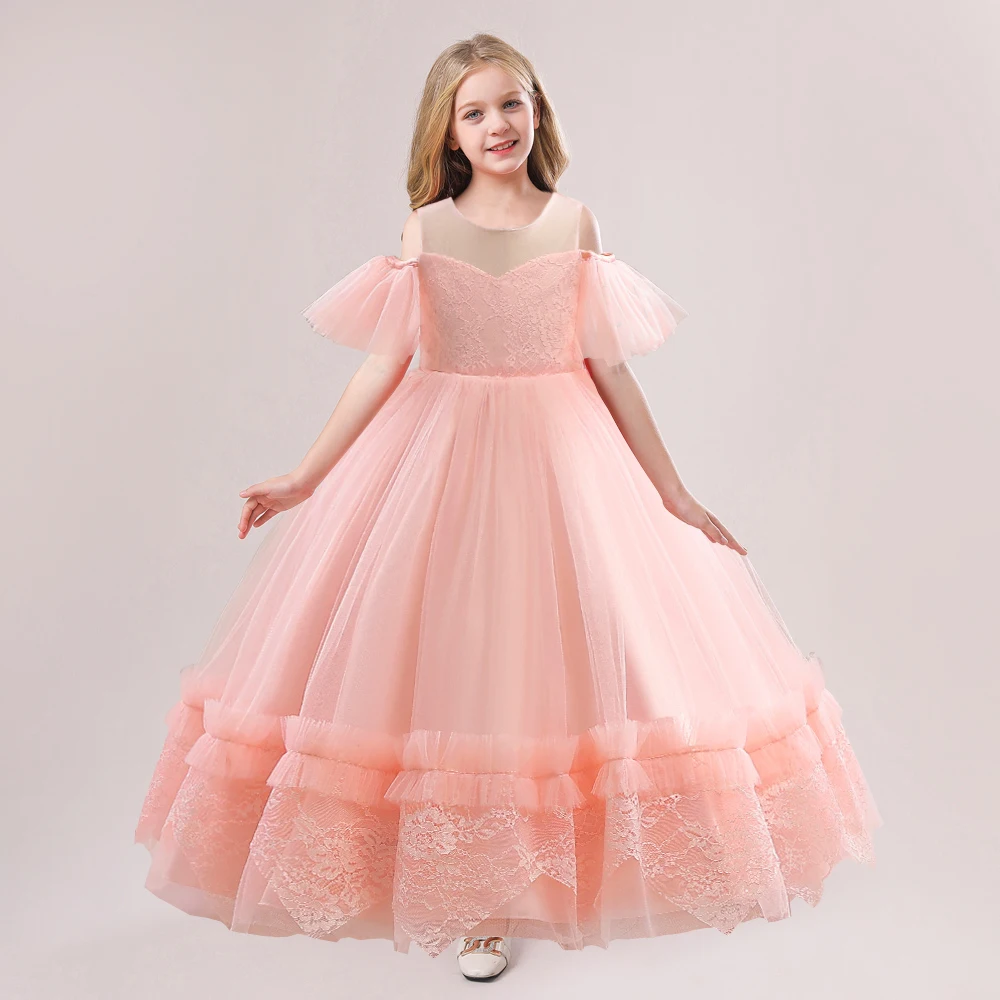 Pink Fashion Tulle Party Princess Dress For Girl Kids Floral Puff Sleeves Prom Gown Children Bow Birthday Evening Soft Ball Gown