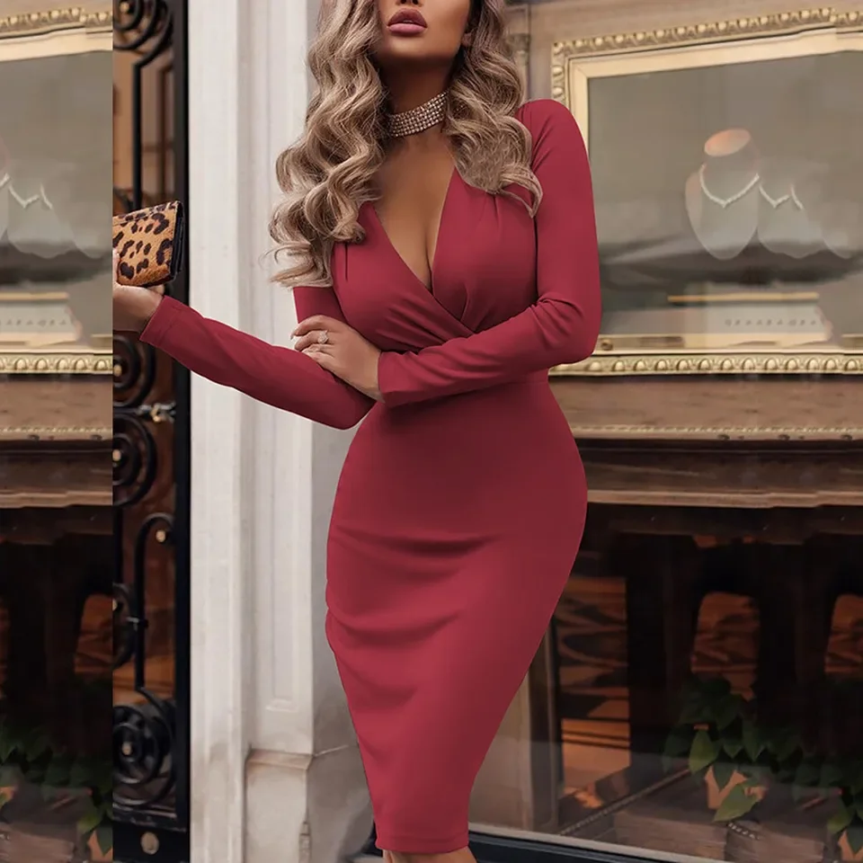 

Evening Dress for Women Sexy Deep V Neck Long Sleeve Solid Bodycon Midi Dress Luxury Autumn Elegant Office Work Dresses