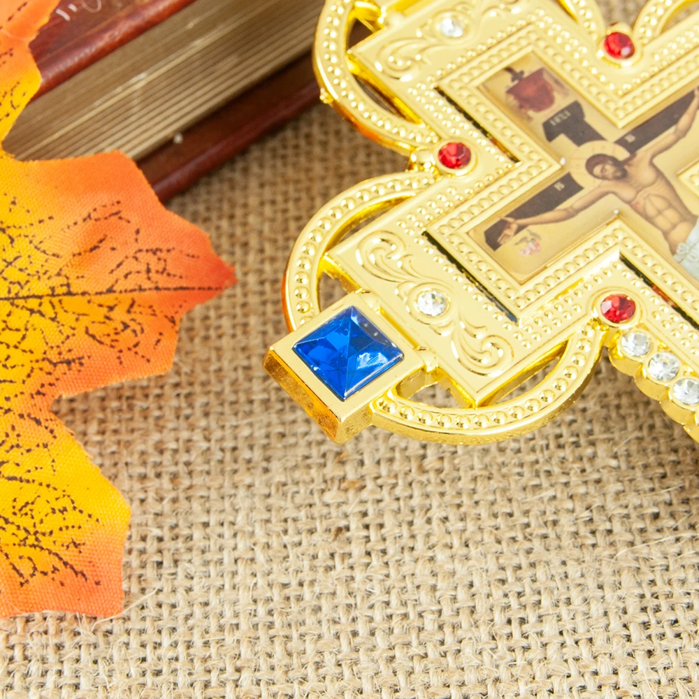 HTISOK Orthodoxes Christliches Kreuz-Anhänger, vergoldet mit Edelsteinen und Strasssteinen, Orthodoxes Geschenk für Pastor, Ostern, Hochzeit, Kirche – Detail 5