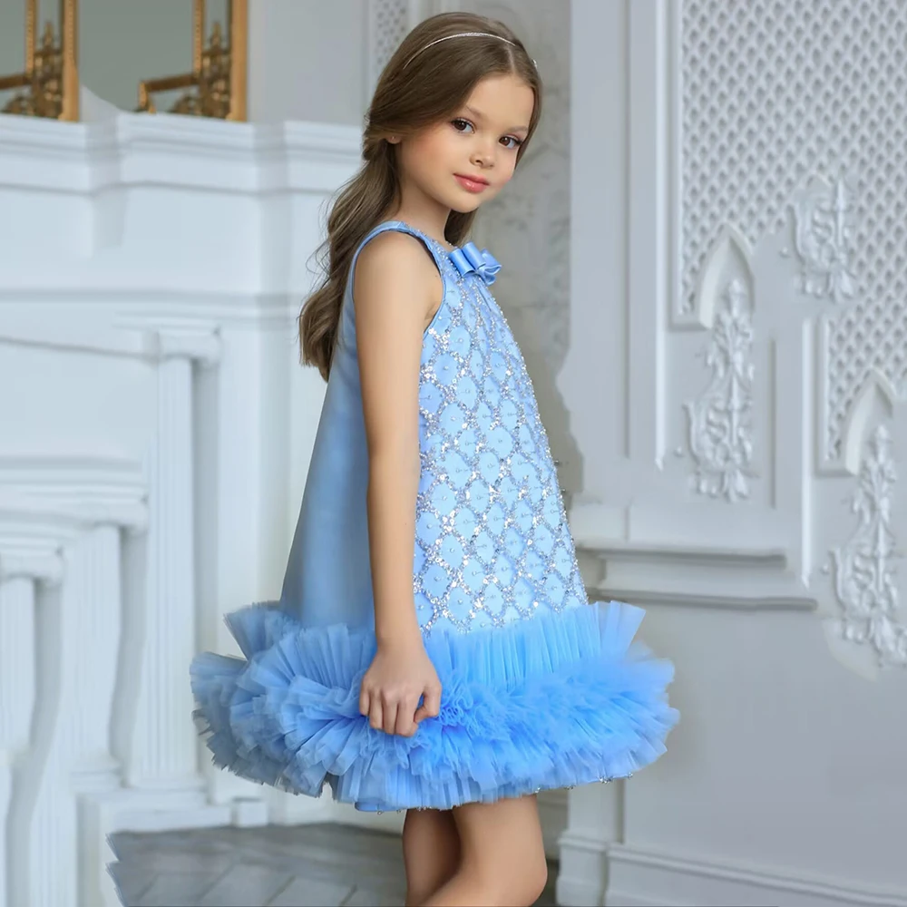 2024 Sky Blue Girl's Party Dresses Beaded A-line Ruffles Mini Flower Girl Dress Short Pageant Prom Gowns for Wedding