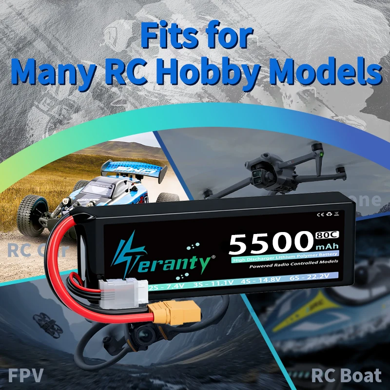 1/2 Units Teranty Lipo Battery 2S 7.4V 7.6V 80C&120C 5500mAh with T XT60 for RC Car Truck Vehicle Boat Airplane RC Racing Parts