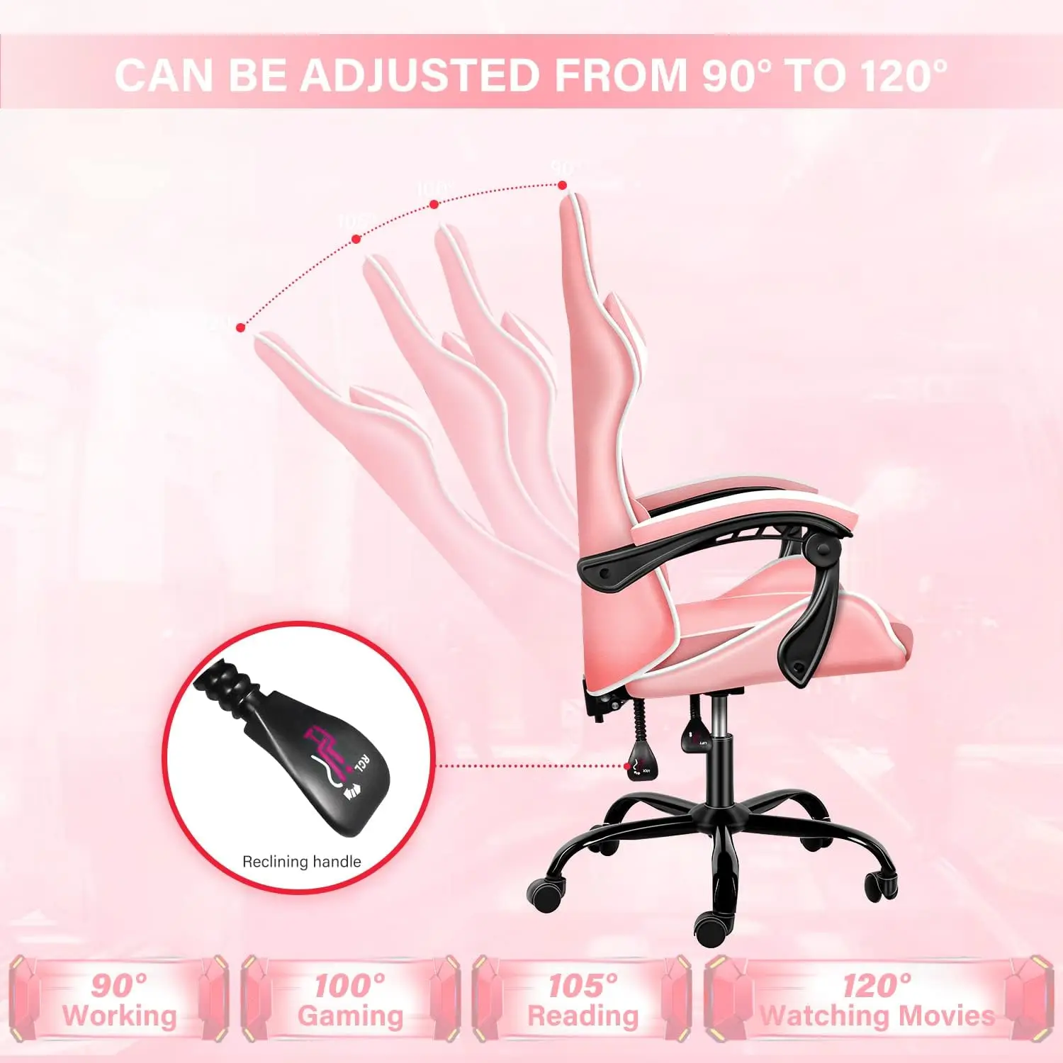 Pink Gaming Chair, Racing Style Adjustable Swivel Office Chair, Ergonomic with Headrest & Lumbar Support