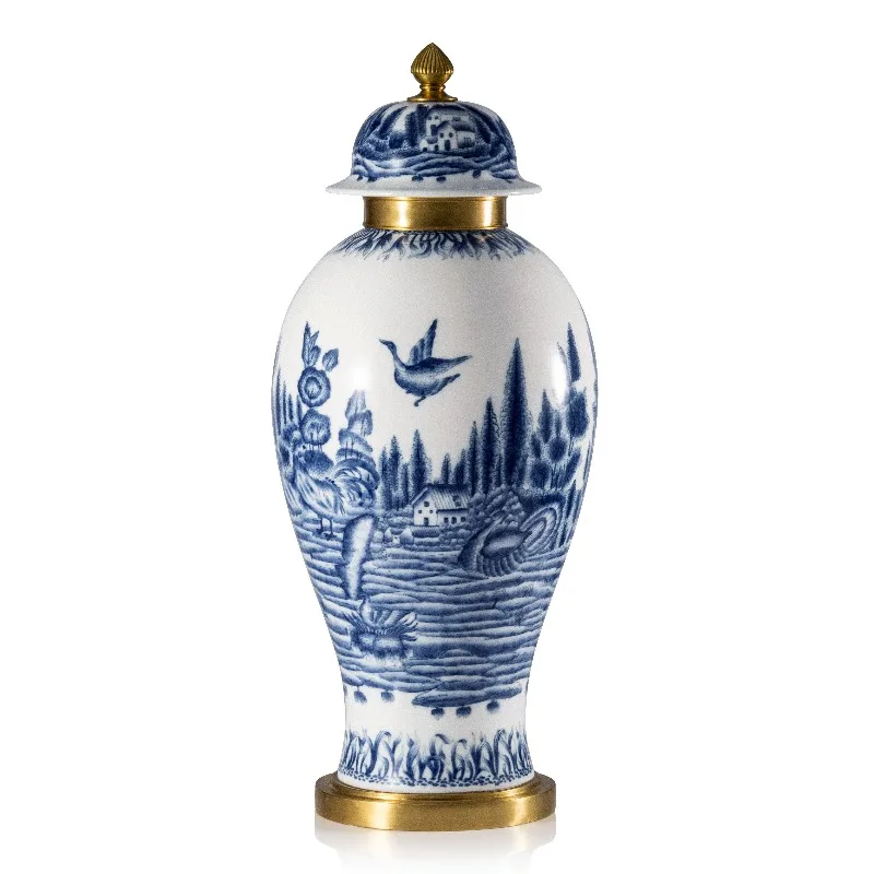 

Antique luxury blue and white ceramic jar, household storage bottle with copper lid, Chinese handmade ceramic candle jar