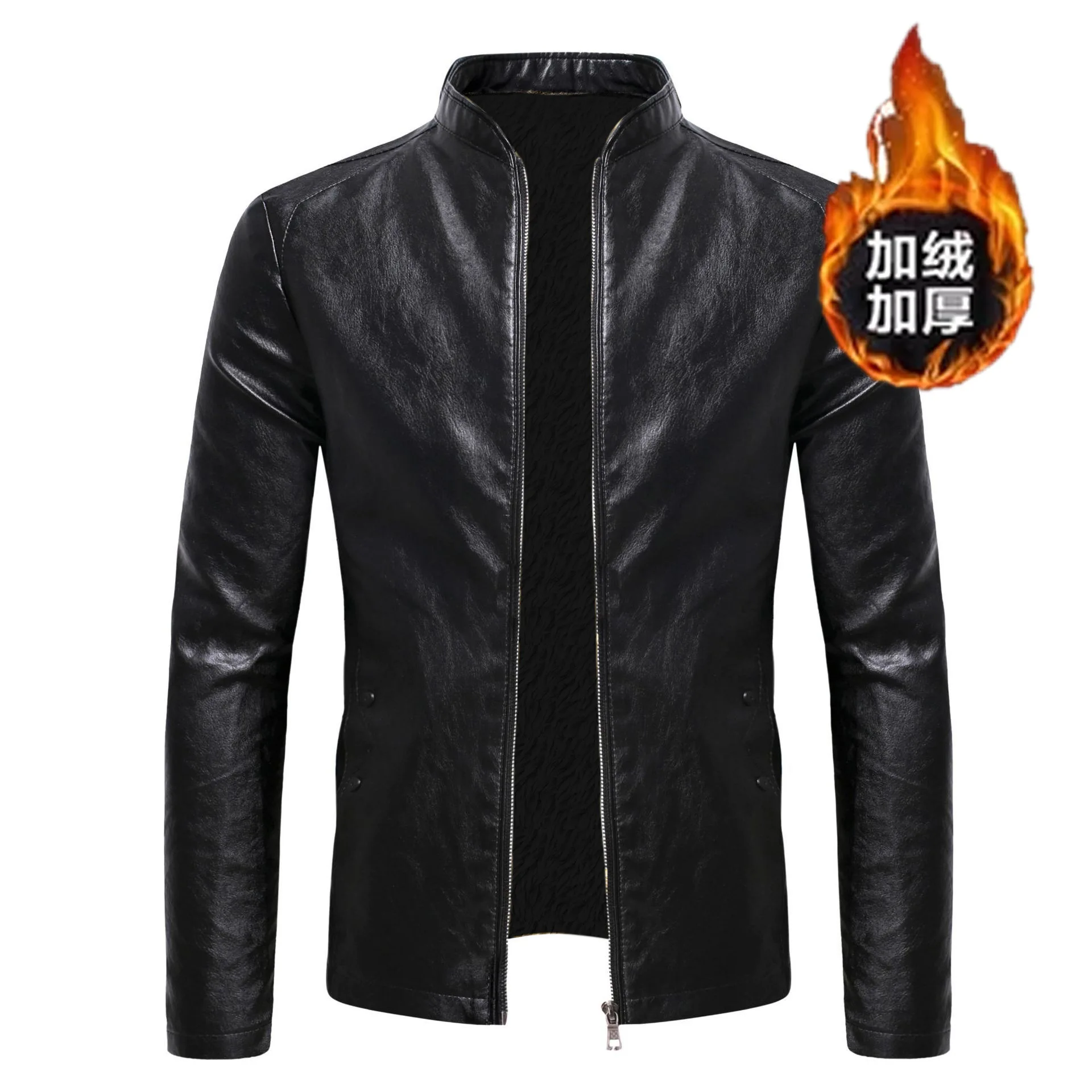 

Мужская утепленная кожаная куртка-косуха 2023 года с воротником-стойкой и флисовой подкладкой, на длинной молнии, от другого бренда, модная верхняя одежда