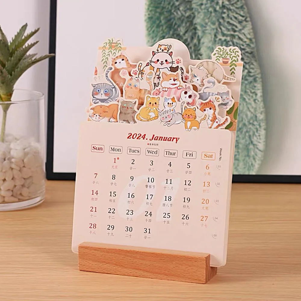 2024 Bloomy Flowers Desk Calendar Daily Scheduler Wooden Insert-Page Design Table Calendar For House Office Decor Supplies