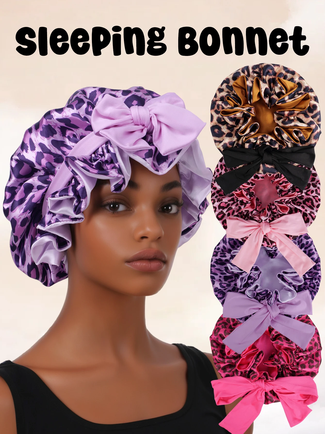 4Pcs Hair Bonnet Printed Leopard Double Layer Satin Splicing Hair Bonnet For Sleeping For Curly And Straight Hair