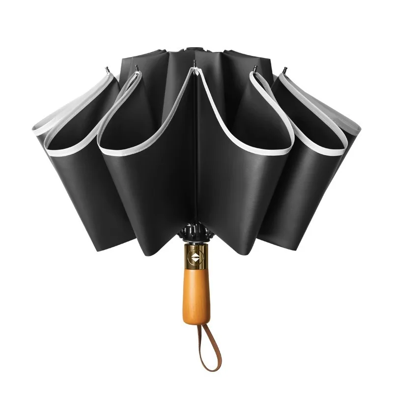 Fully Automatic Reverse Folding Umbrella with Solid Wood Handle and Engraved Vinyl Sunshade and Wind-resistant Folding Umbrella