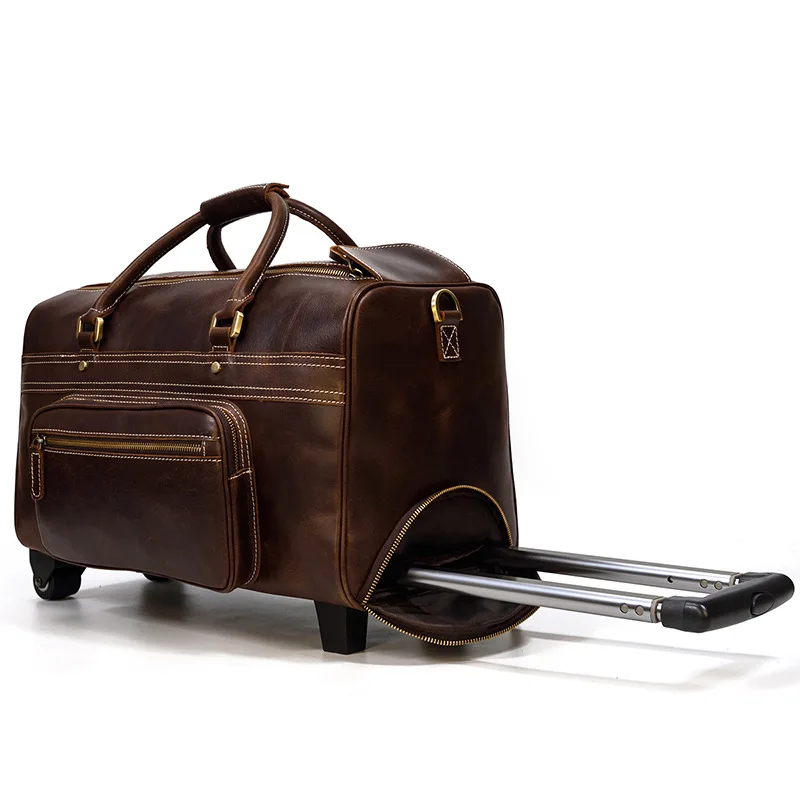 Customized Solid Leather Tie Rod Bag Travel Bag Men's Full-grain Cowhide Wheeled Rolling Duffel Bag
