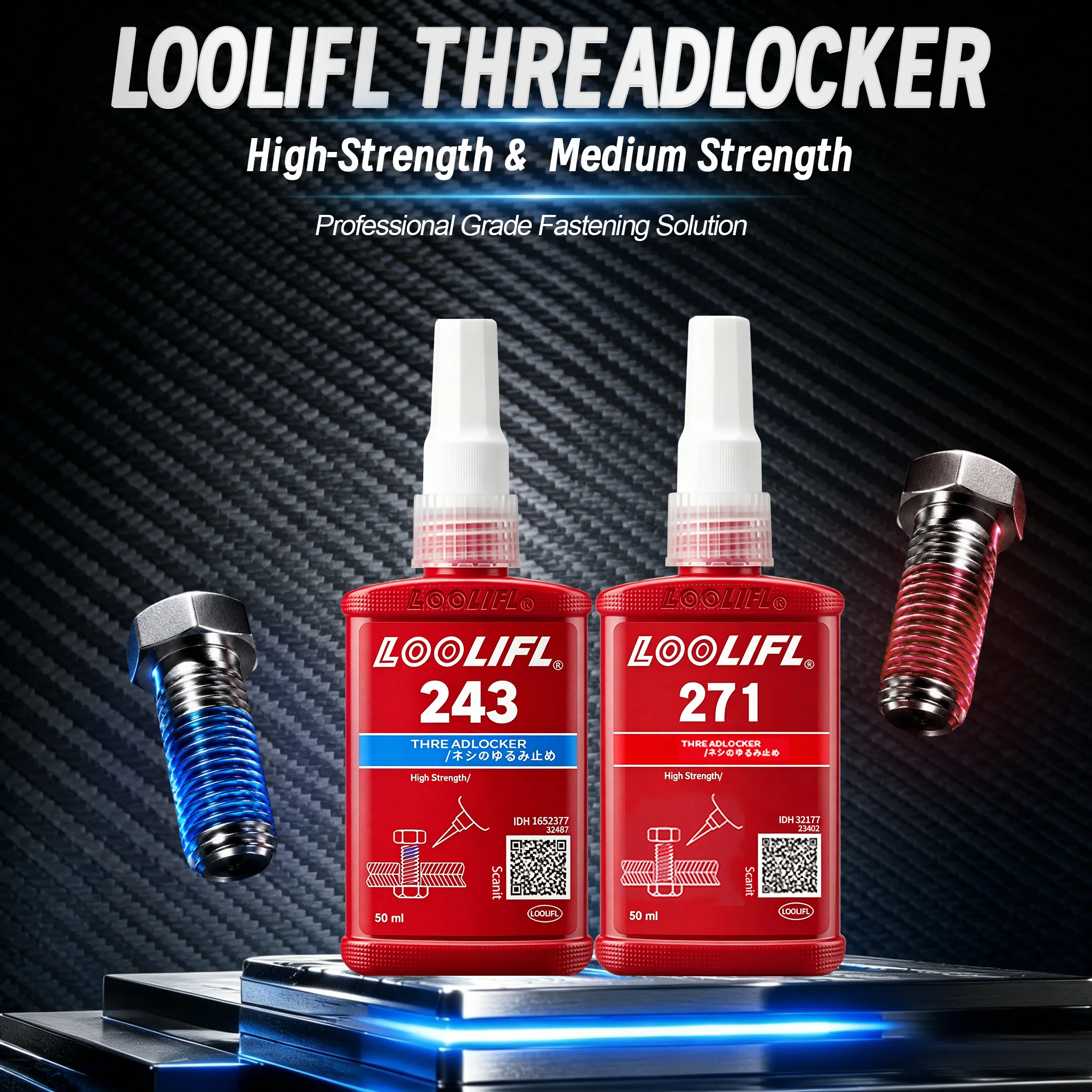 LOOLIFL 243 & 271 Thread Locker Set 50ml Medium & High Strength Anaerobic Adhesive Blue Red Screw Lock Glue Anti-Vibration Rustproof Bolt Sealant For Auto Motorcycle Industrial Metal Thread Repair