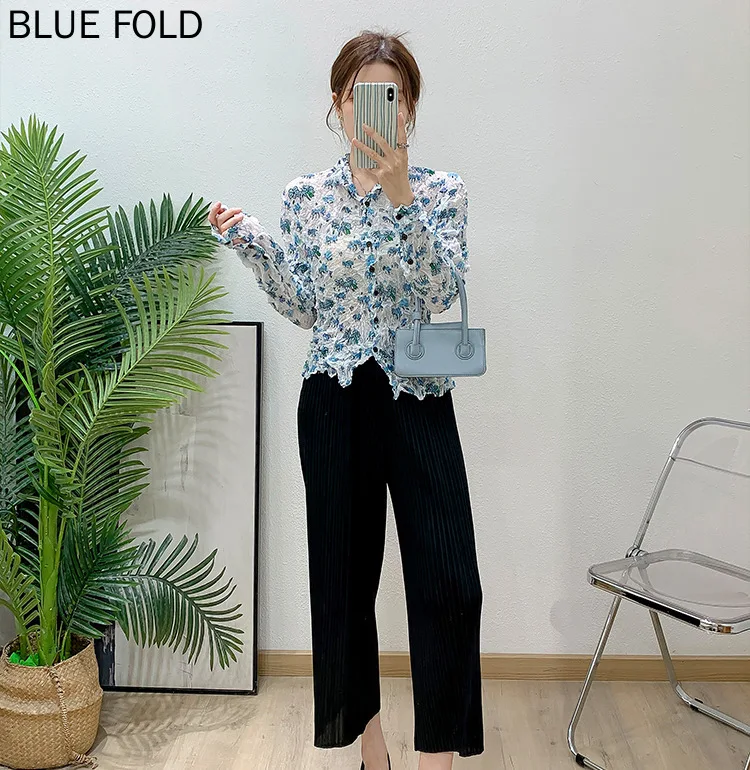 Miyake Hand-pleated Printed Design Single-breasted Shirt for Women New Autumn and Spring Crumpled Cardigan
