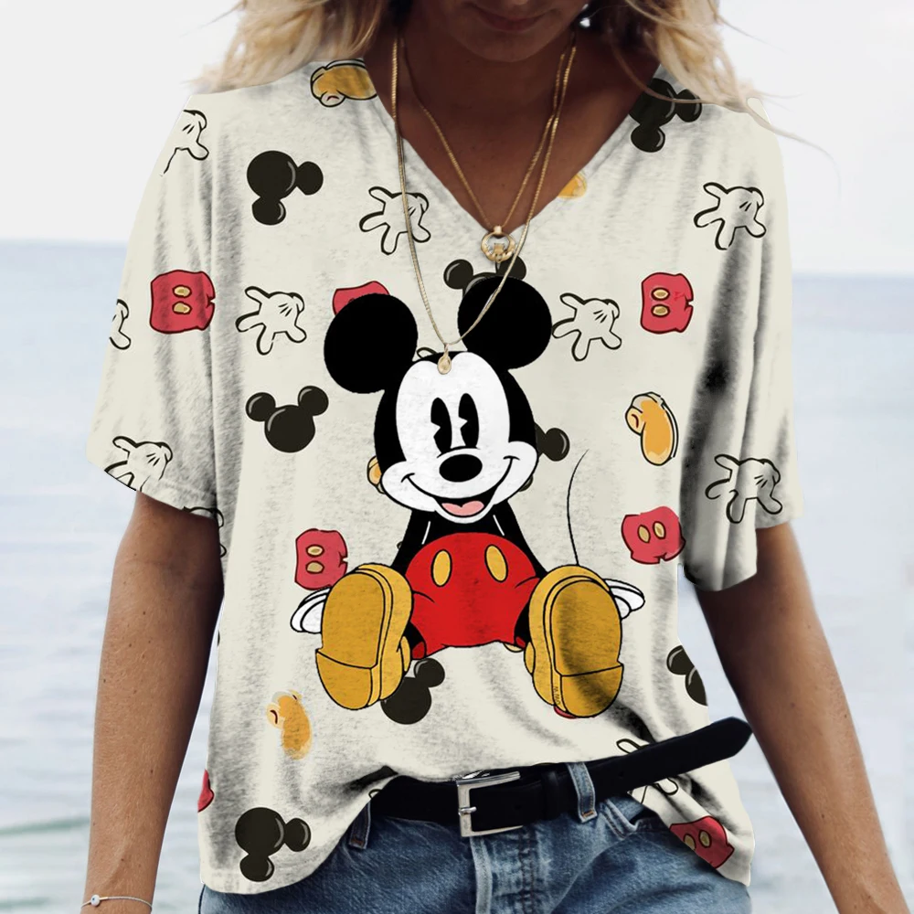 2024 Plus Size Spring/Summer New Mickey Mouse Print Casual Fashion Women\'s V-Neck Short-Sleeved Loose T-Shirt 3XL