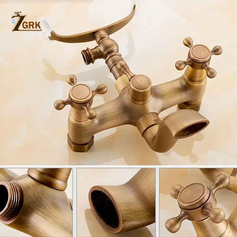 Imagem -04 - Zgrk Torneiras da Banheira de Bronze Torneira do Banheiro Misturadora Wall Mounted Bath Faucet com Chuveiro Mão Bronze Antigo Banho Chuveiro Conjunto