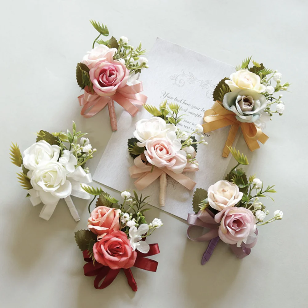 Boutonnières de mariage colorées simples pour marié, épingles à fleurs, bracelet jonc, corsage de mariée, décor de fête, damas d'honneur