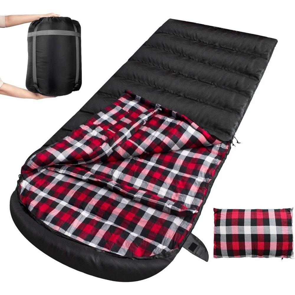 

Flannel Sleeping Bag Cotton 0 Degree Cold Weather for Adults XXL Sleeping Bag 4 Season Big and Tall with Pillow Compression Sack