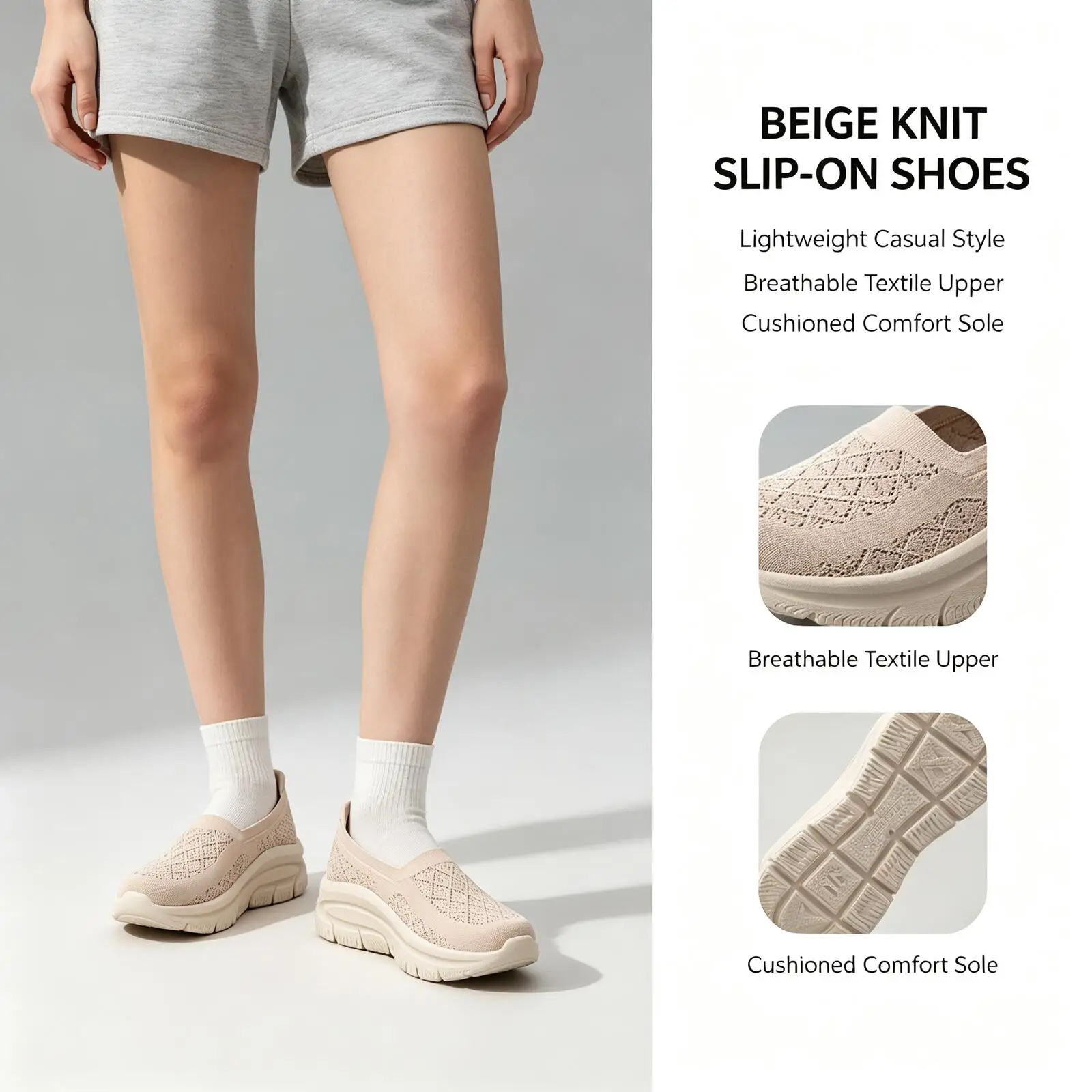 Hot Skechers Women Beige Knit Slip-On Shoes Lightweight Breathable Textile Upper Cushioned Sole Casual Sneakers for Everyday Com