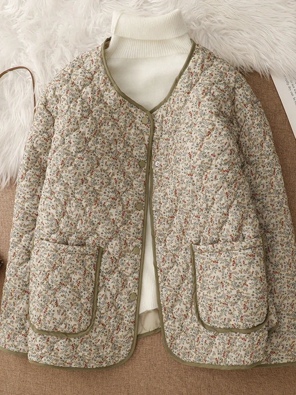 Retro Floral Cotton Jacket Women's Winter Slimming Casual Warm Filled No Collar Cotton Coat Long Sleeve Open Cardigan