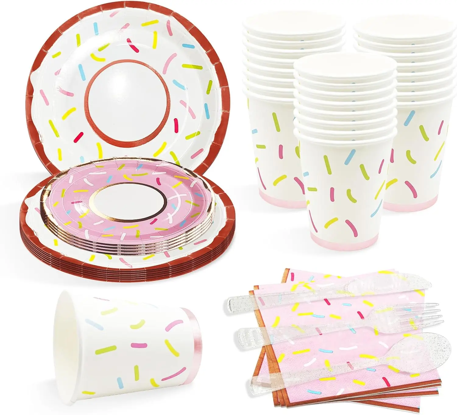 

175PCS Pink Donut Paper Plates Dinnerware Set for 25 Guests Disposable Decorations Donut Paper Plates Cups and Napkins,P