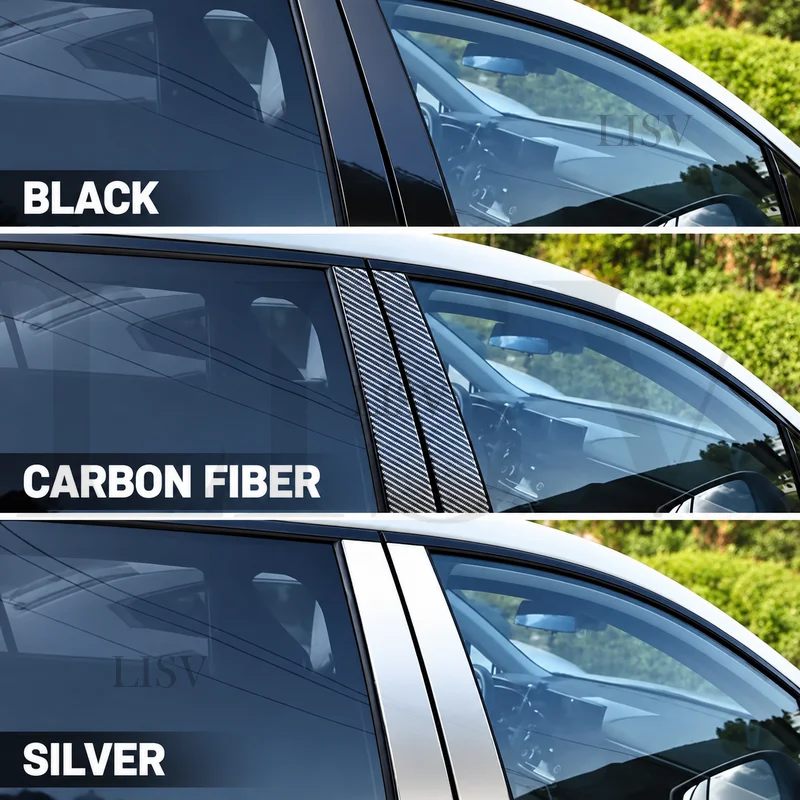 LISV 6pcs Gloss Black Pillar Posts Silver Carbon Fit For Hyundai Tucson NX4 2022 2024 Window Decor Door Side Molding Trim Cover