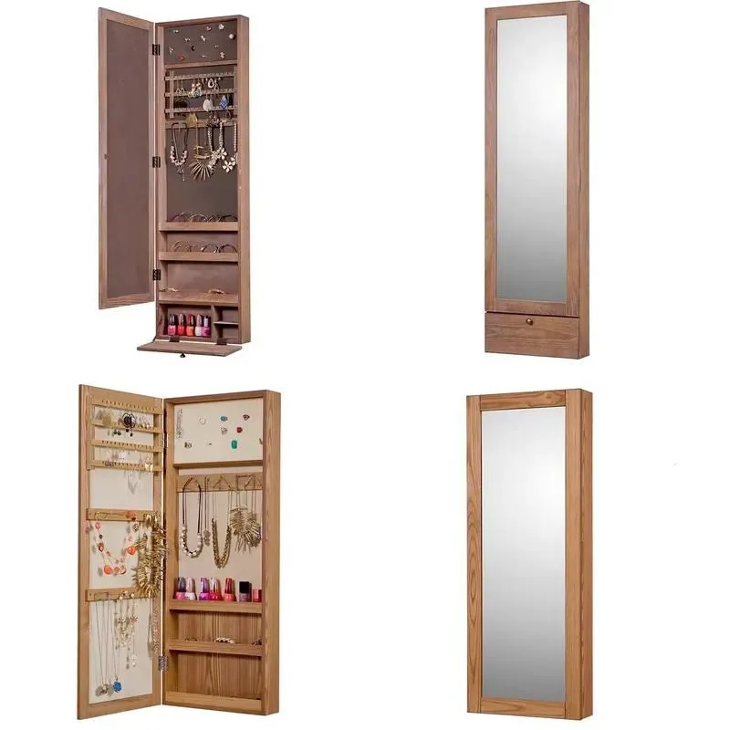 Solid Wood Wall Mounted Jewelry Cabinet with Mirror Multifunctional Storage for Bedroom Bathroom Kitchen Farmhouse Home