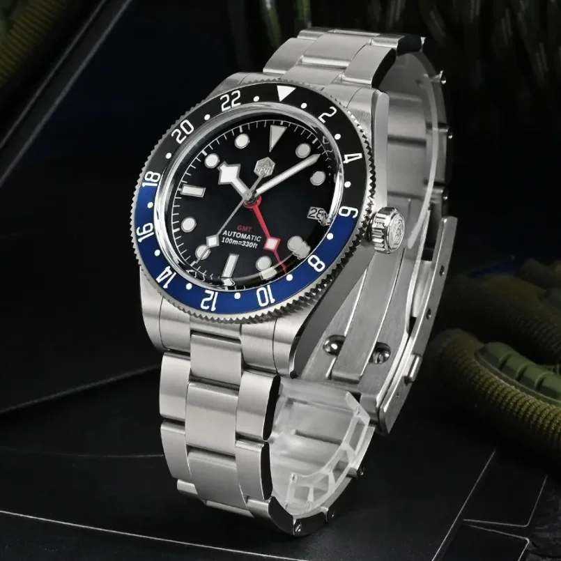 San Martin Men GMT Watch 39mm Automatic Mechanical Wristwatch Diver 10ATM Luminous Sapphire Bidirectional Aluminum Bezel NH34