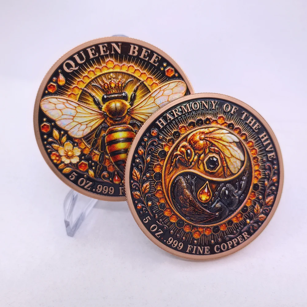 5 OZ .999 Fine Copper Queen Bee Commemorative Coin Harmony Of The Hive Yin‑Yang Honey Bee Art Collectible Souvenir Decor Gift