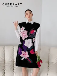 CHEERART Sakura Floral Sleeveless Sweater Dress For Women 2023 Winter Black Cute Kawaii Vest Knitted Dress Fashion Clothing