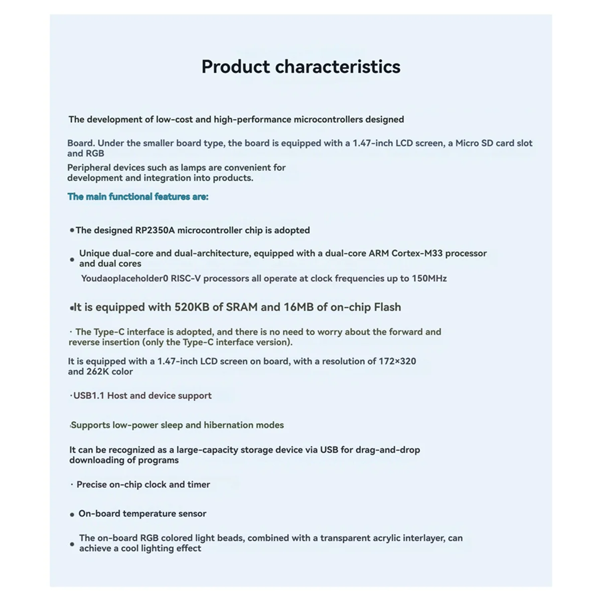 

RP2350 1,47-дюймовая макетная плата ЖК-дисплея ARM-M33 с бусинами RGB-лампой5 172x320 16 МБ Flash LCD-1,47 TYPE-C