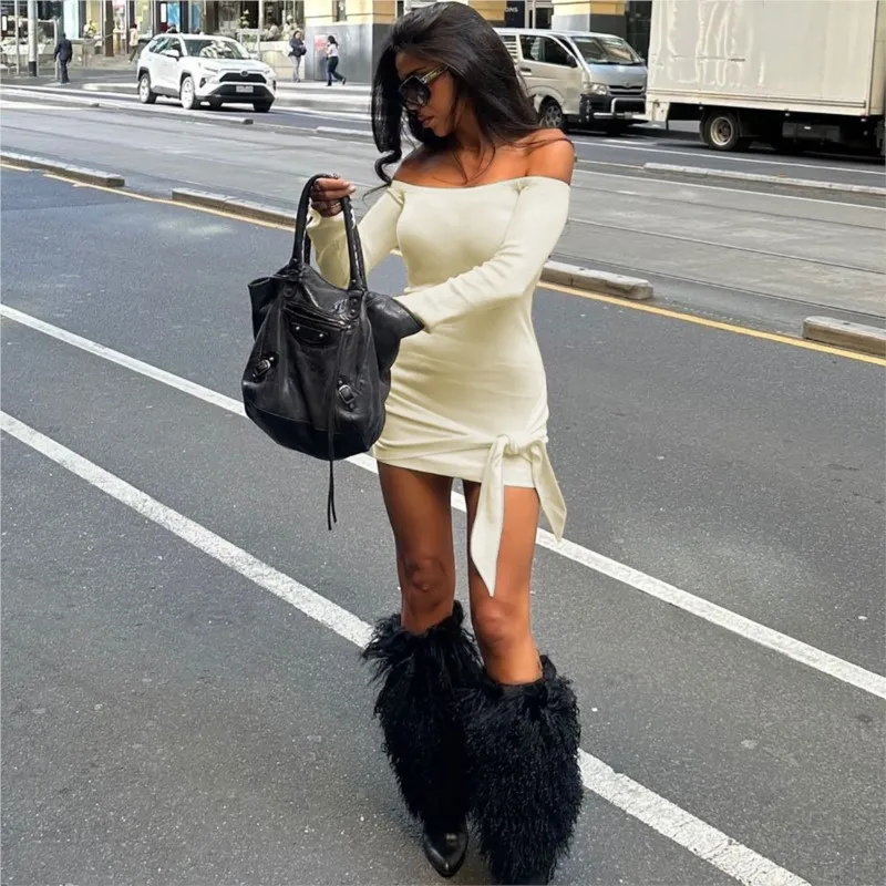 

2025 Spring Mini Dress Women New Fashion Sexy Slim Lace-up Hip-covering Long-sleeved Dresses Femme Elegant Evening Dress Robe