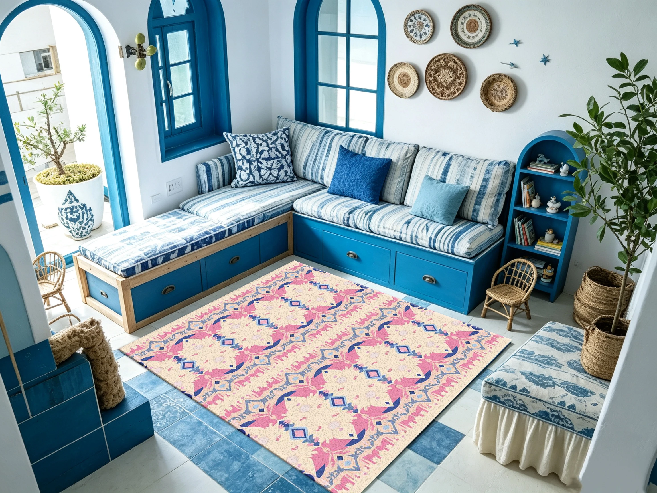 Pink and Blue Vintage Kilim-Style Carpet Floor Decoration, Beautiful Home Decor for Living Room and Bedroom Floor Carpet