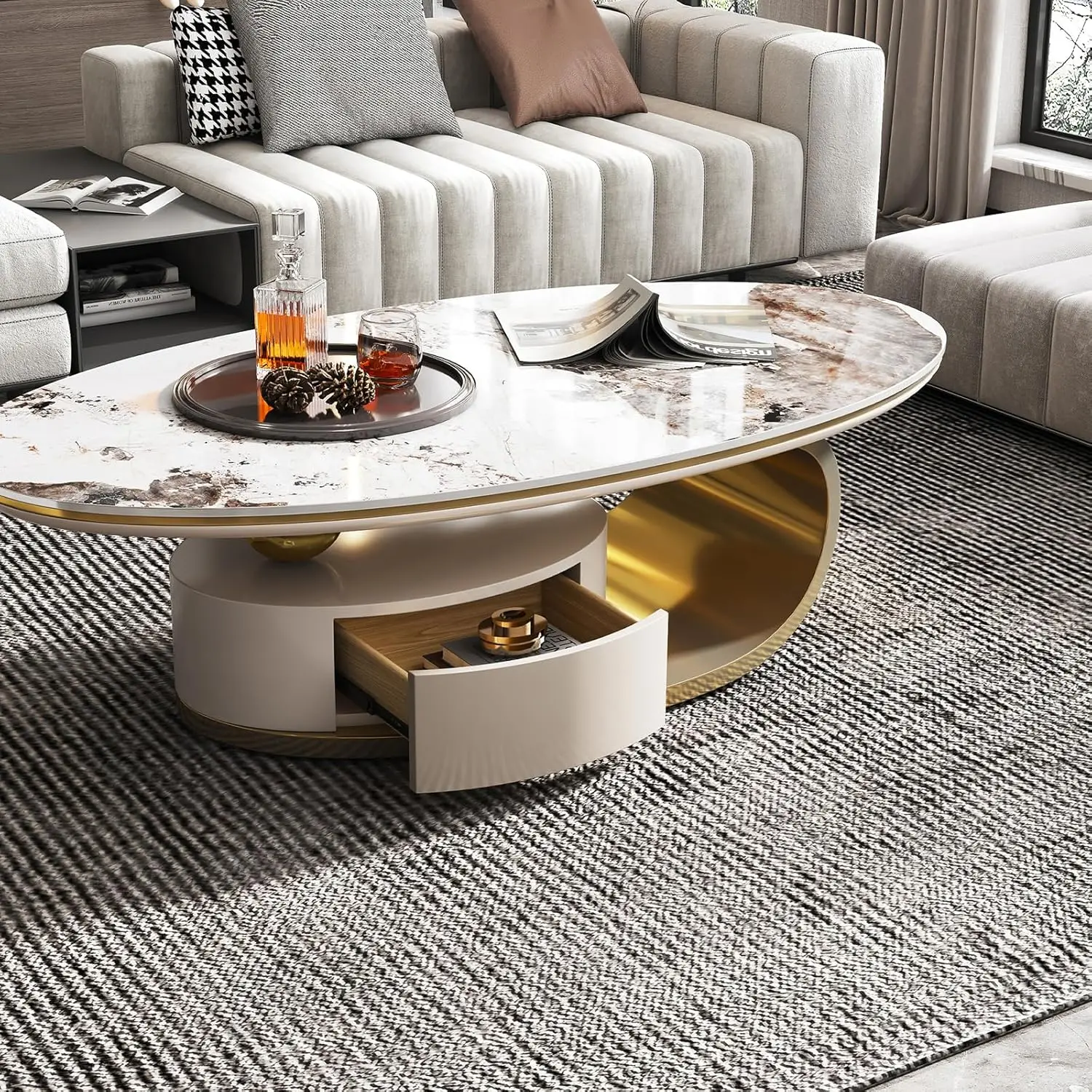 Mesa de centro de pedra oval moderna requintada Gold.55" com base de metal abstrata e gaveta - peça central perfeita para uma vida elegante R