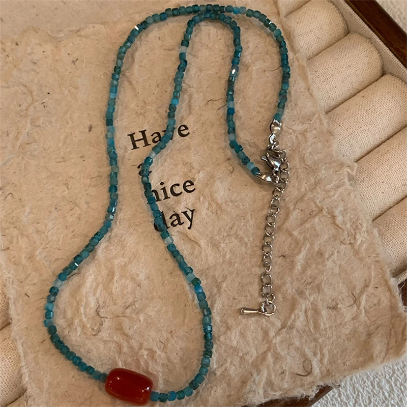 Retro Red Blue Contrast Colorful Natural Stone Cubes Beaded Necklace for Women Wholesale Beads Strand Chokers Aesthetic Jewelry