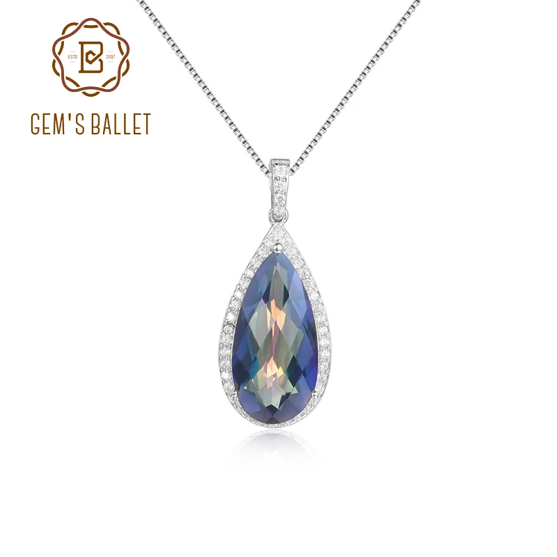 GEM'S BALLET 7.89Ct 10x20mm Pear Shape Rainbow Mystic Topaz Gemstone Halo Pendant Neckace in Sterling Silver Gift For Her