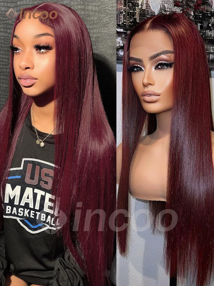 99J Rambut Lurus Peru Burgundy Gelap 13X6 Wig Renda Depan Wig Rambut Manusia Pra-petik Merah 13X4 Rambut Manusia Wig Renda Depan