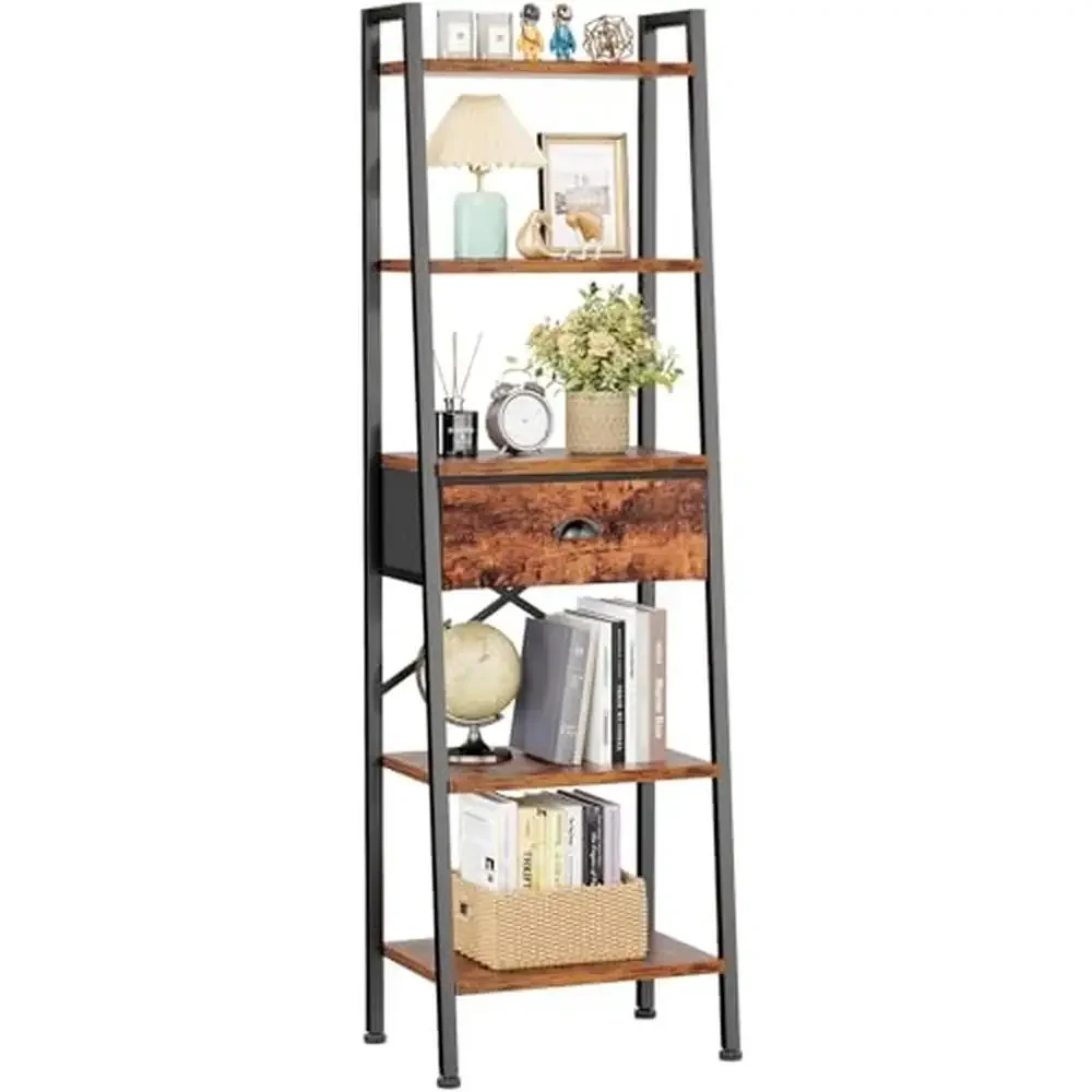 

5 Tier Bookshelf with Fabric Drawer Storage Shelf Display Rack Industrial Organizer Rustic Design Adult Child Safe Freestanding