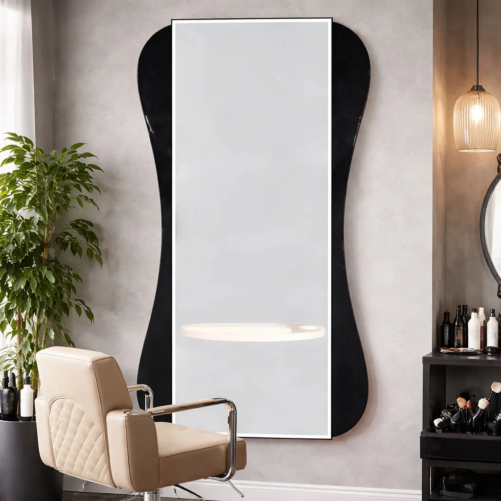 

Light luxury hair styling shop styling mirror beauty salon makeup mirror new curved wall hanging vertical mirror salon haircut