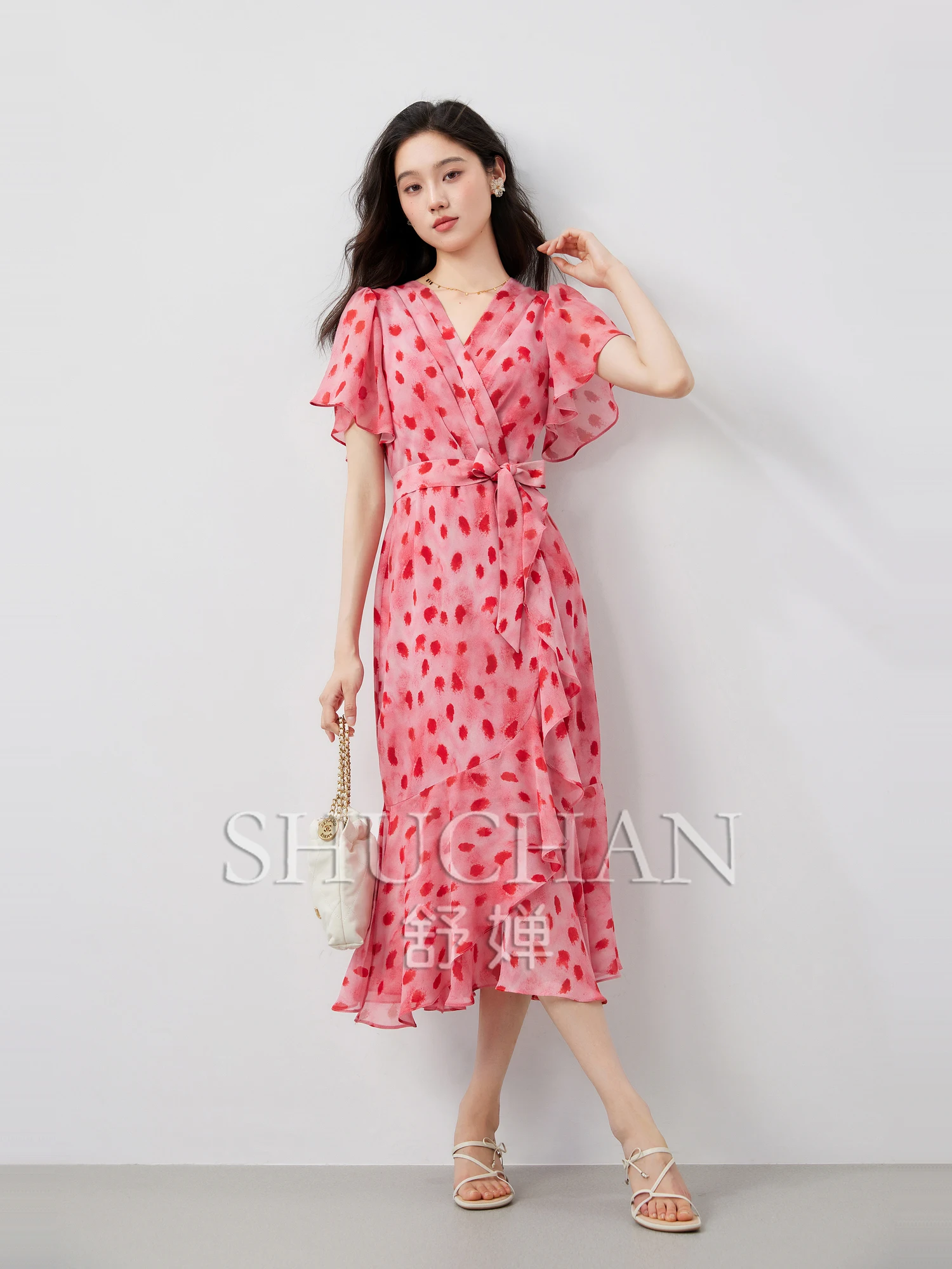 

2025 Good Quality, French Romantic Femininity, Elegant Temperament V-neck Lotus Leaf Sleeve Dress Women Summer