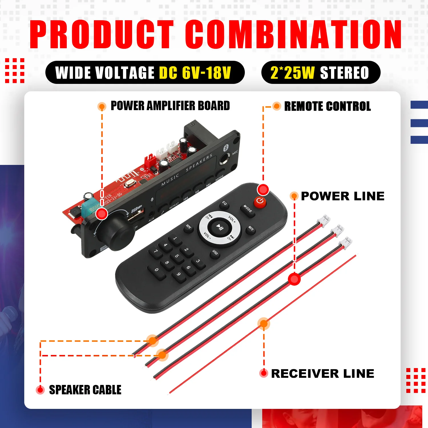 Wzmacniacz 200W Bluetooth Dekoder Płytka DIY 12V 6.5mm Mikrofon FM Radio TF USB Samochodowy odtwarzacz muzyczny Głośniki Regulacja głośności