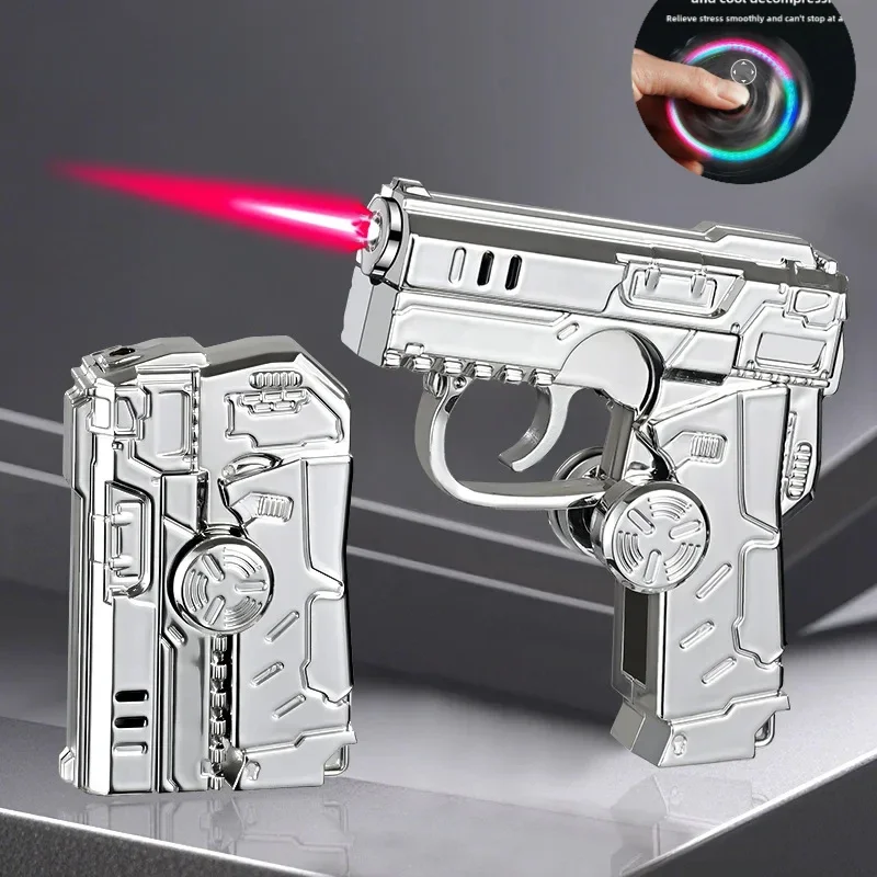 Multi Functional Folding Dual Form Decompression Gyro Gun Shaped Lighter Windproof Red Flame Cool Colorful Lantern