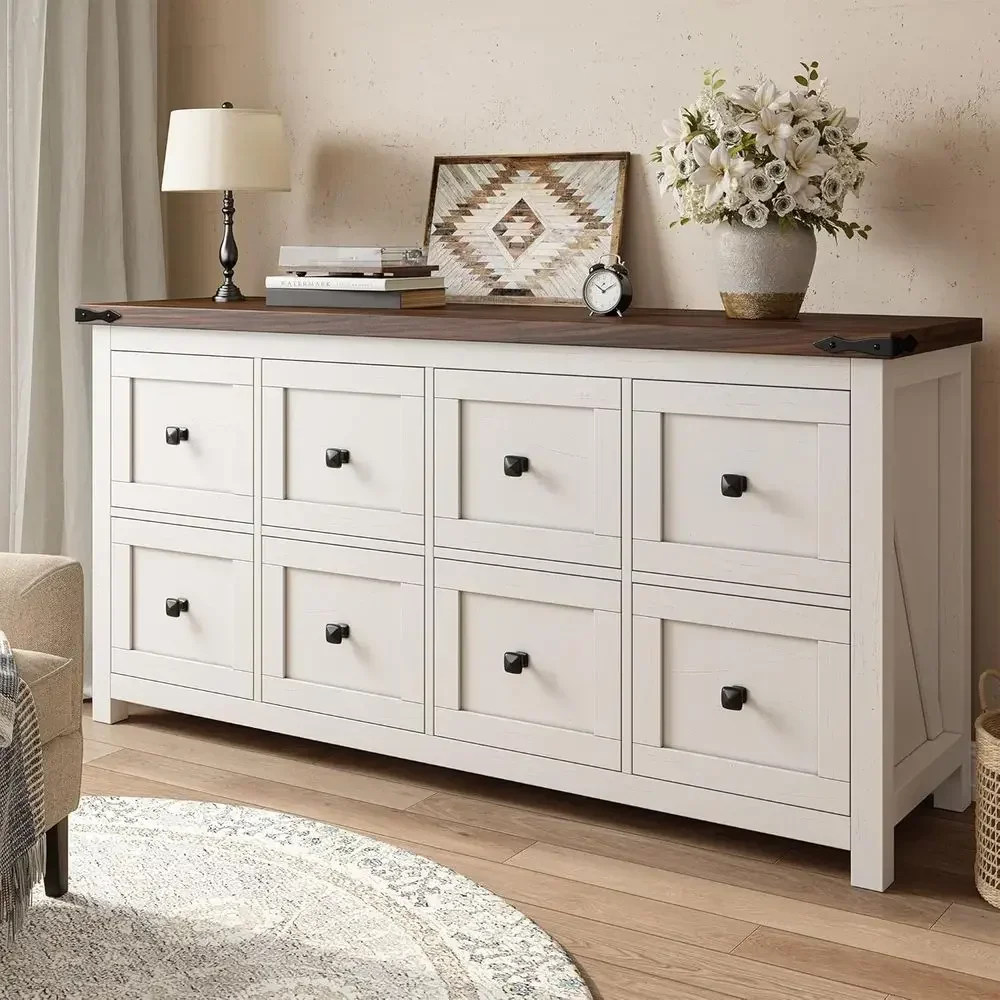 8-Drawer Bedroom Dresser with Textured Finish, Antique White